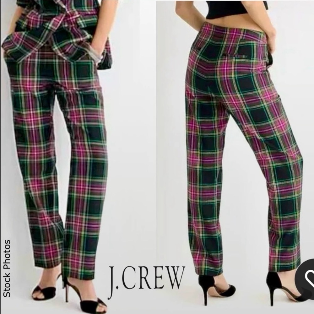J. Crew Green & Pink Plaid Kate Straight-Leg Pants Size 18 Wool Blend Lined